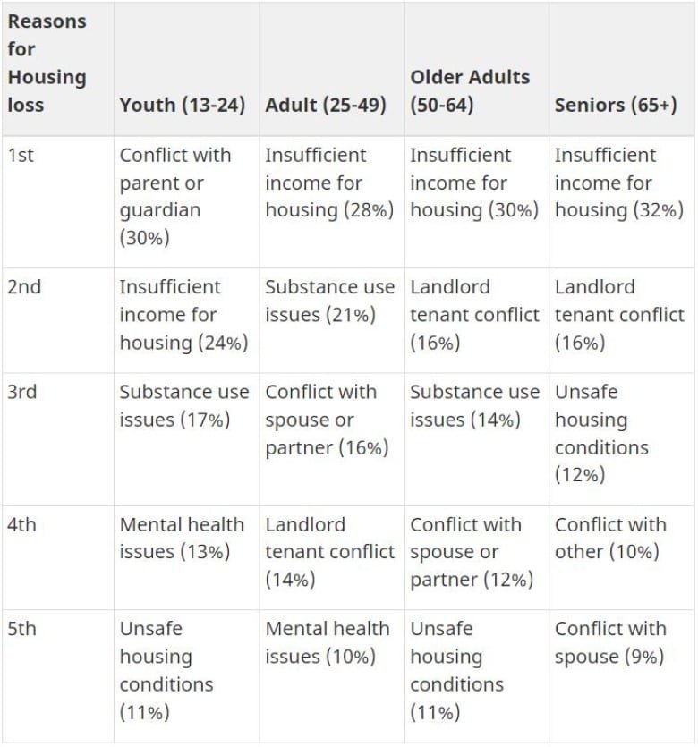 A chart detailing how substance use issues and insufficient housing income are leading causes for housing loss