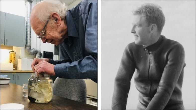 Two photos, one showing an older man in glasses peering into a glass container, the other showing a young man in a wetsuit smiling into the distance.