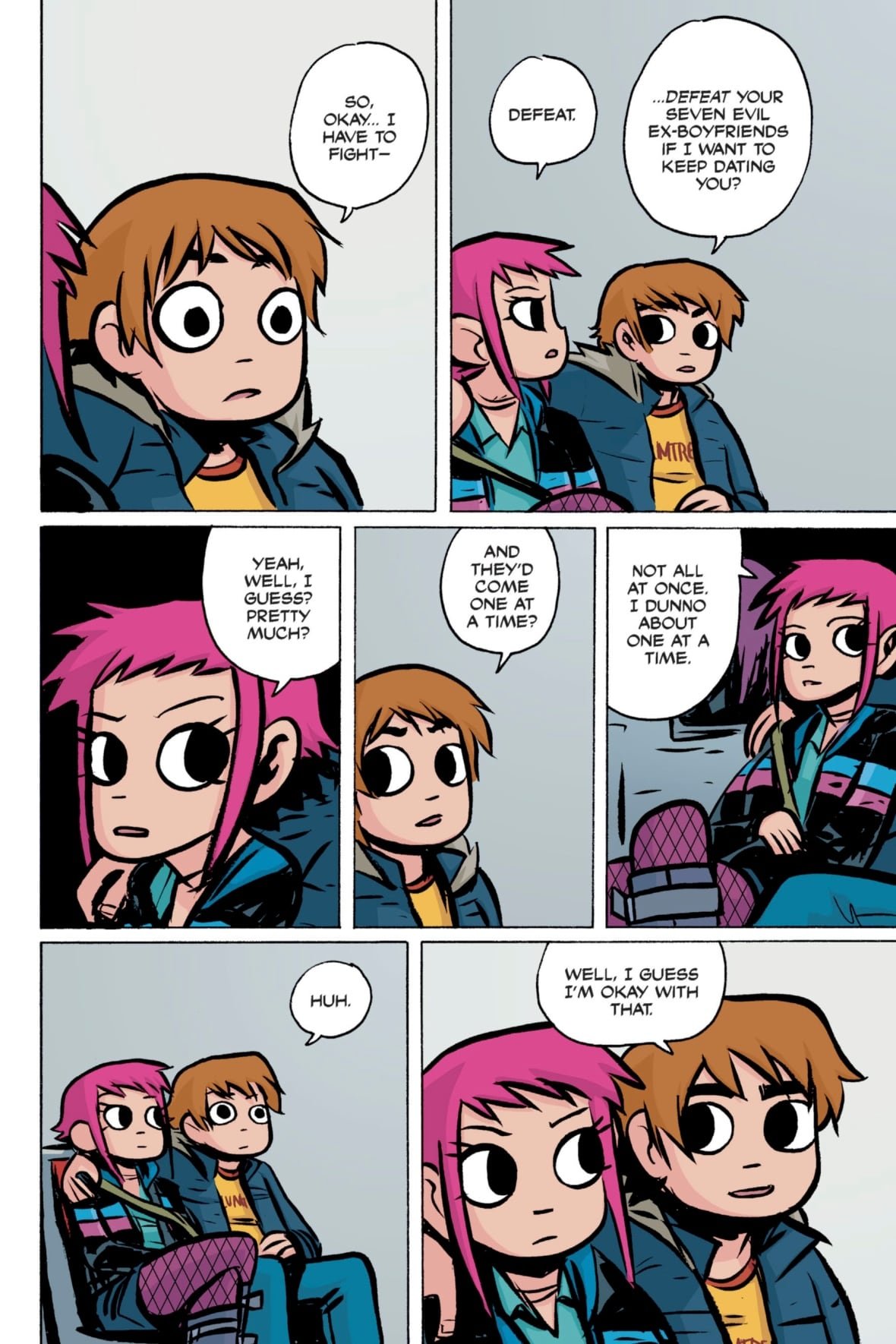 A comic page in which a man with brown hair and a woman with pink hair have a conversation.