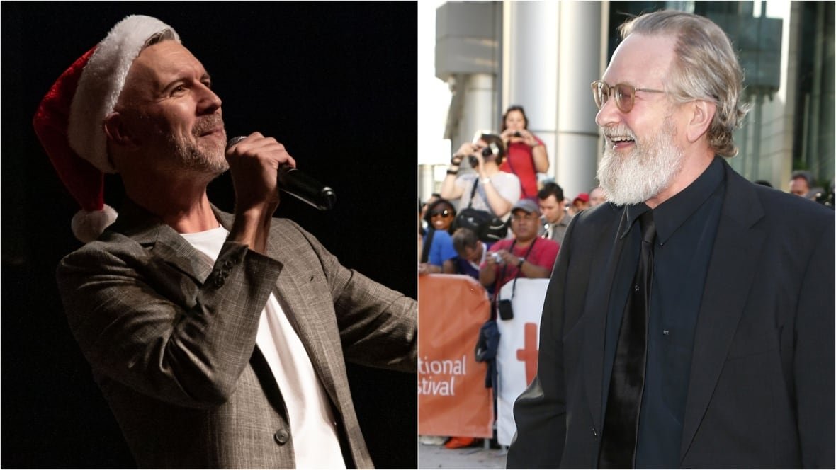 Side-by-side images of a man with Santa Clause hat speaking into a microphone on stage, and a gray-haired, white-bearded man smiling on the streets.