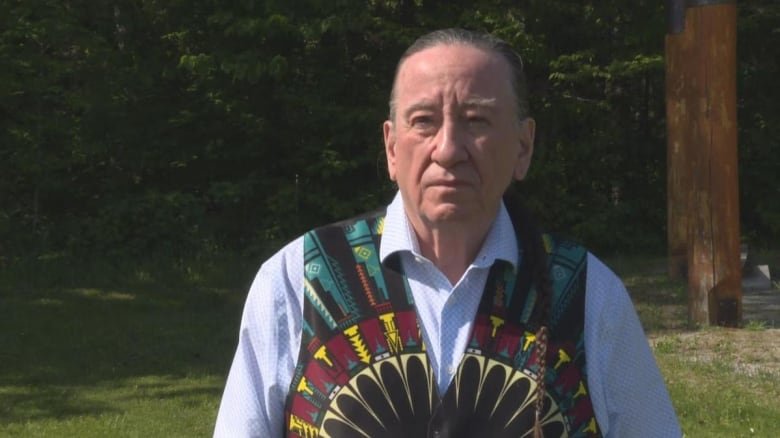 An elderly man stands in front of a green forest.