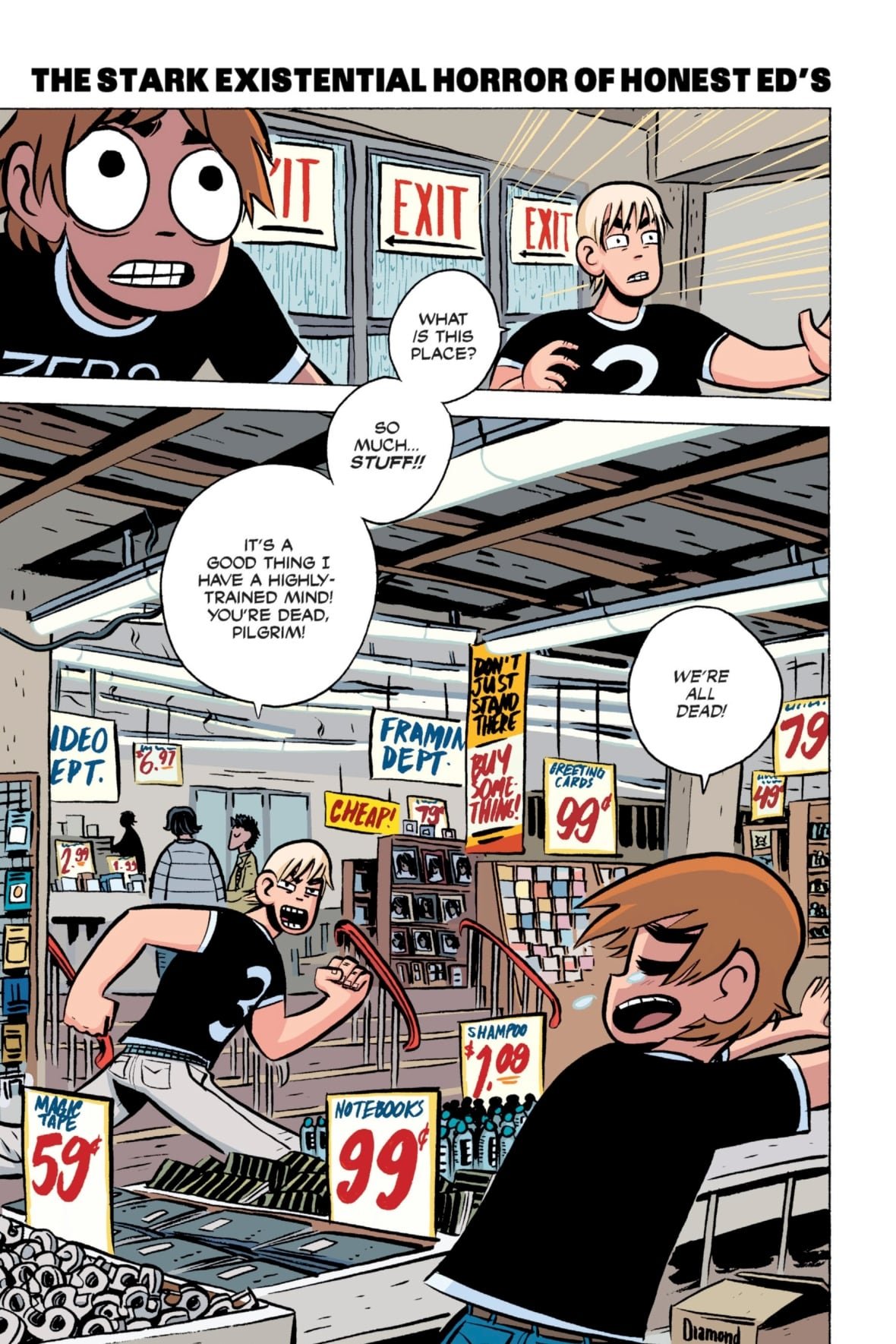 A comic page of two men running around a discounted department store.