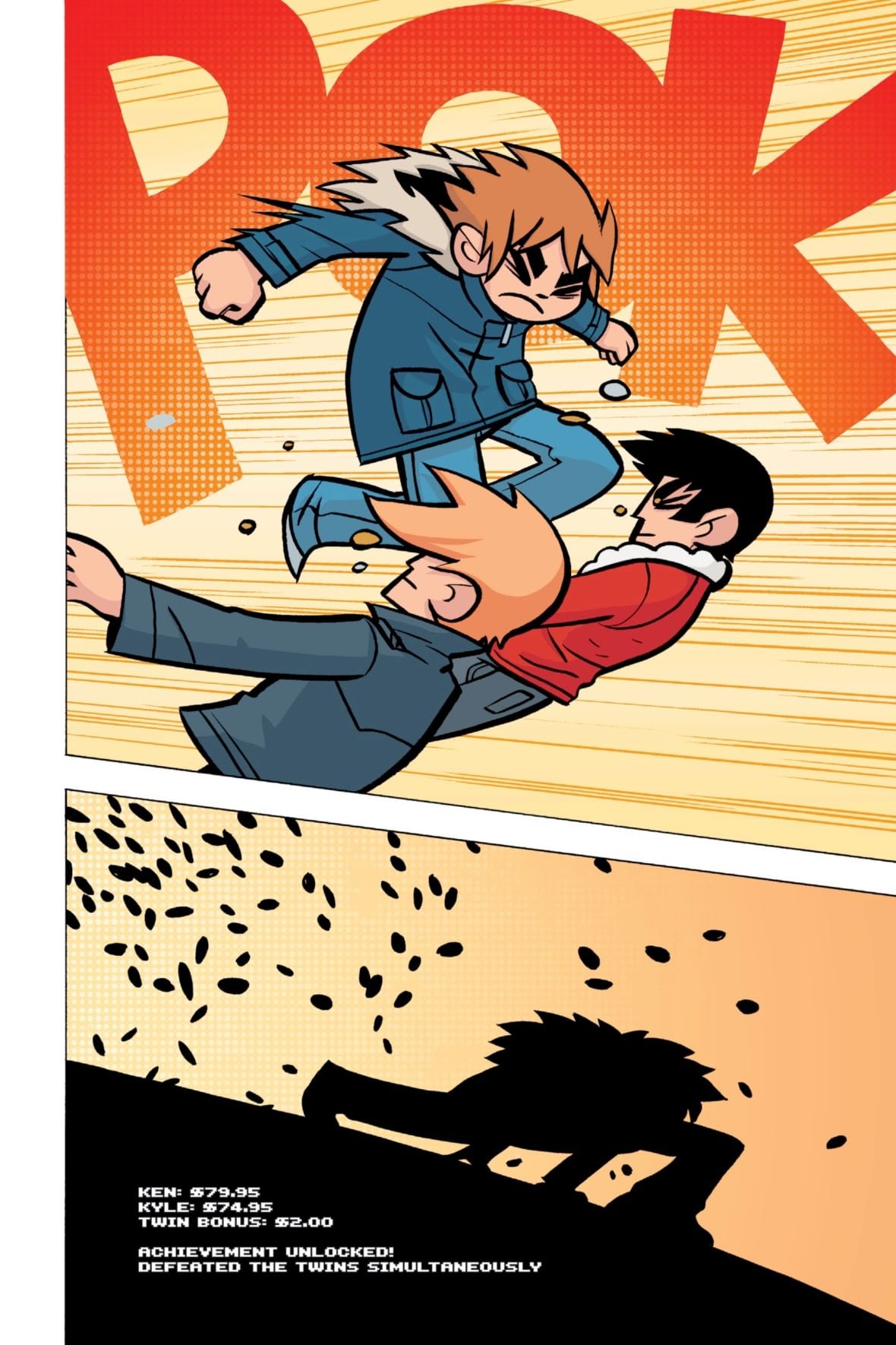 A comic page of a fight scene when a man kicks two other men.