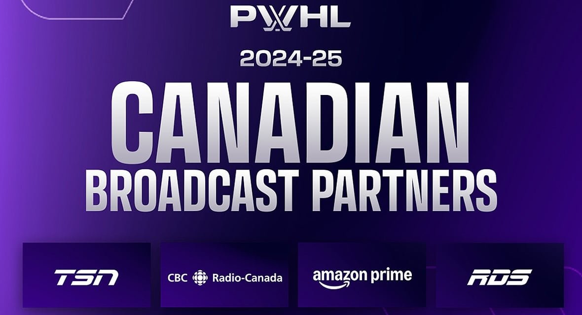 Graphic featuring the Professional Women's Hockey League's Canadian broadcast partners for the 2024-25 season.