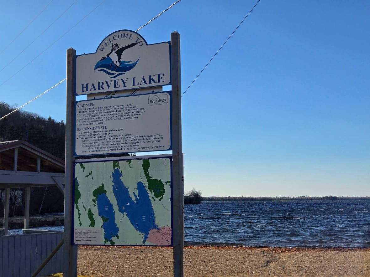 A sign that says "Harvey Lake" with a beach in the background.