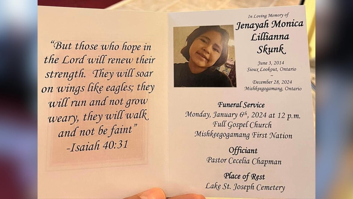 A close-up of a funeral program for Jenayah Monica Lillianna Skunk, age 10.