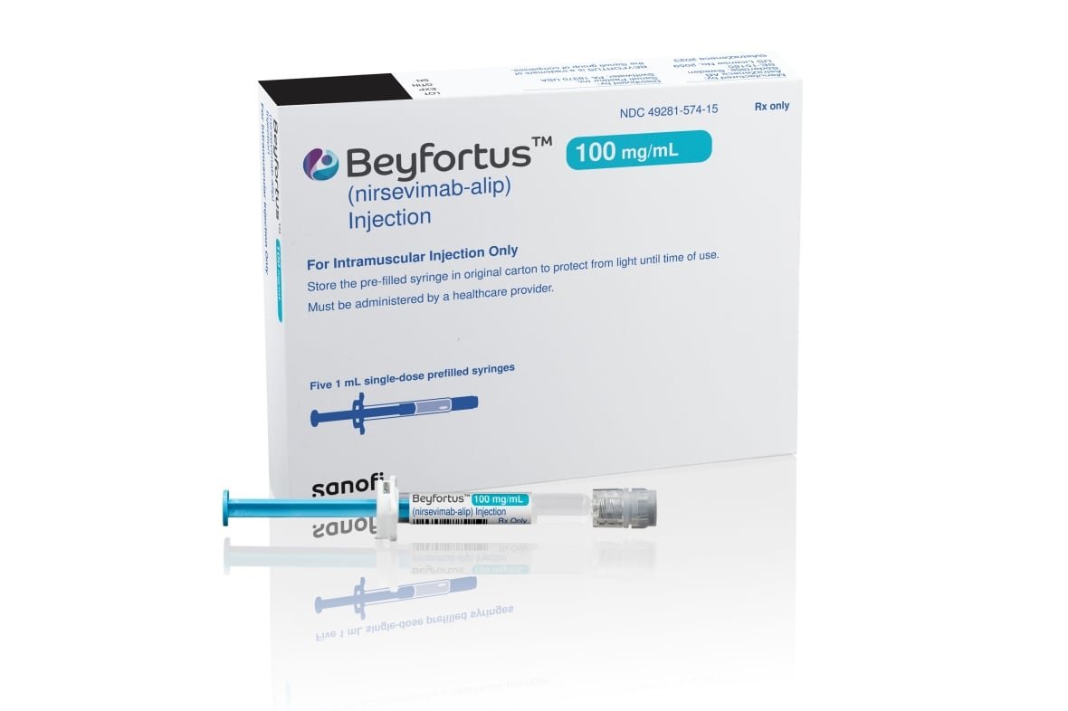 This illustration provided by AstraZeneca depicts packaging for their RSV medication Beyfortus.