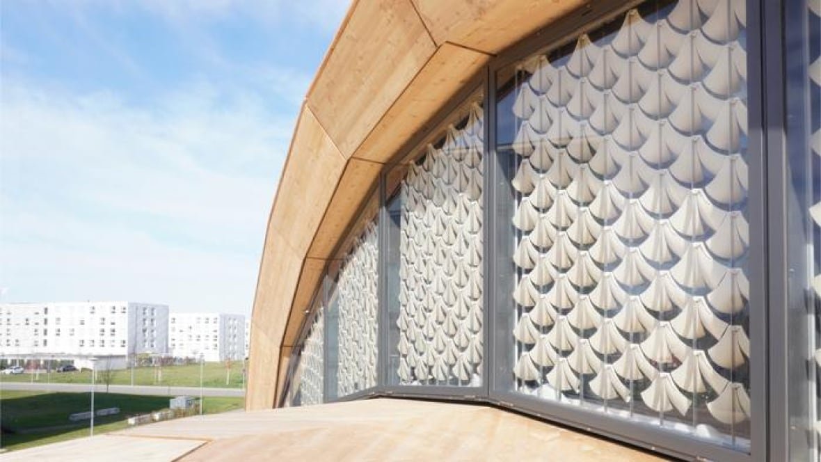 Building exterior on right with floor-to-ceiling windows covered in pinecone-like shades