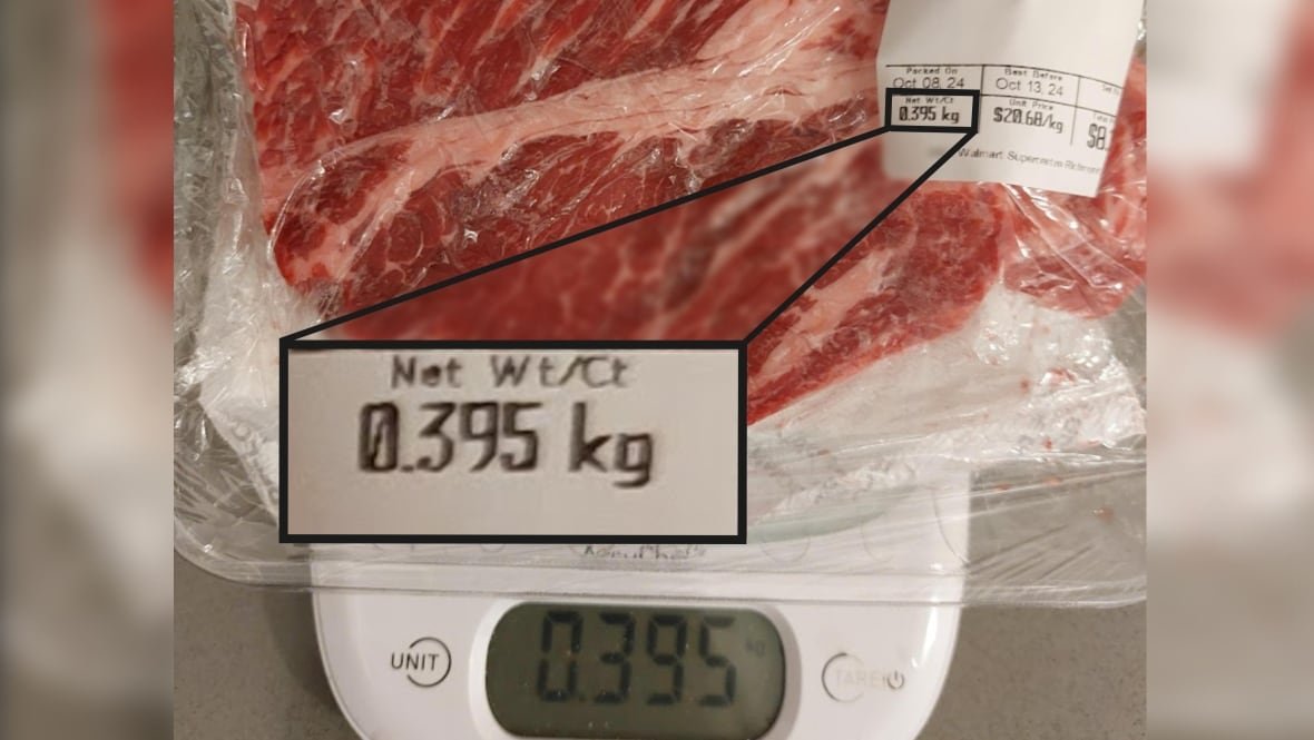 Beef steak in plastic packaging sitting on a scale that reads: .395 kg. A graphic in the photo shows that the stated net weight on the product's label claims that the beef alone weighs .395 kg