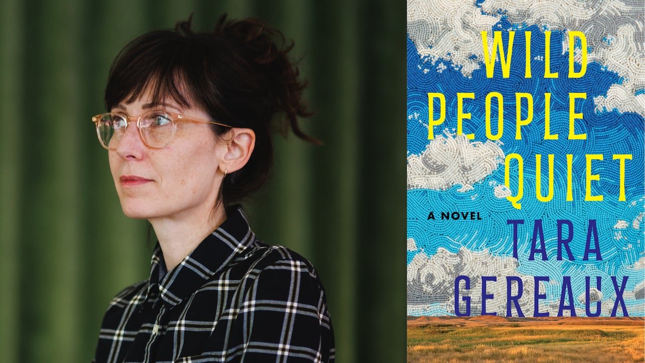 A portrait of a woman with a bun and glasses staring left. The book cover shows a beaded sky over a Saskatchewan plain.
