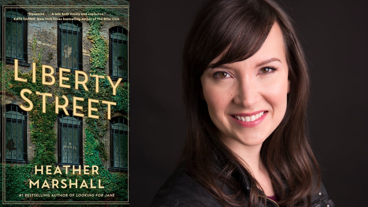 A book cover featuring a woman gazing out from a vine-covered building. A portrait of a woman with brown hair smiling.