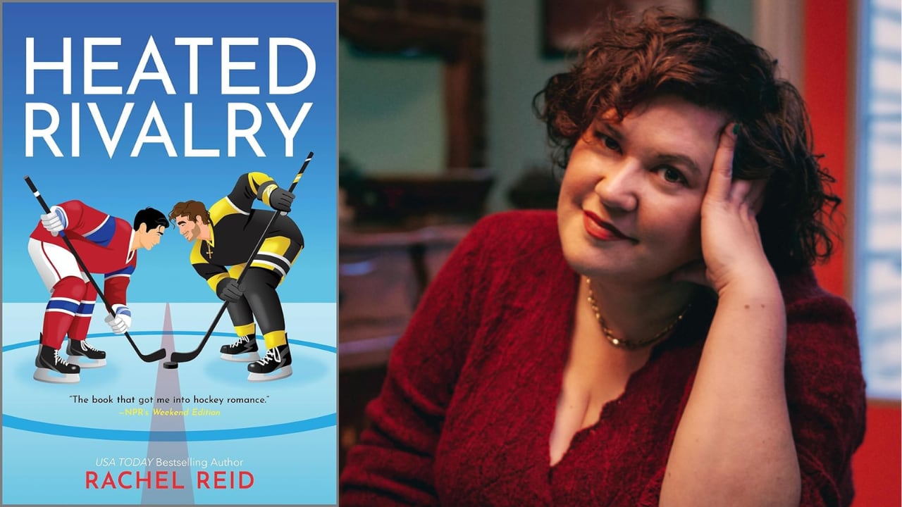 default-38 A composite book cover featuring two hockey players in a face-off and a woman with brown hair.